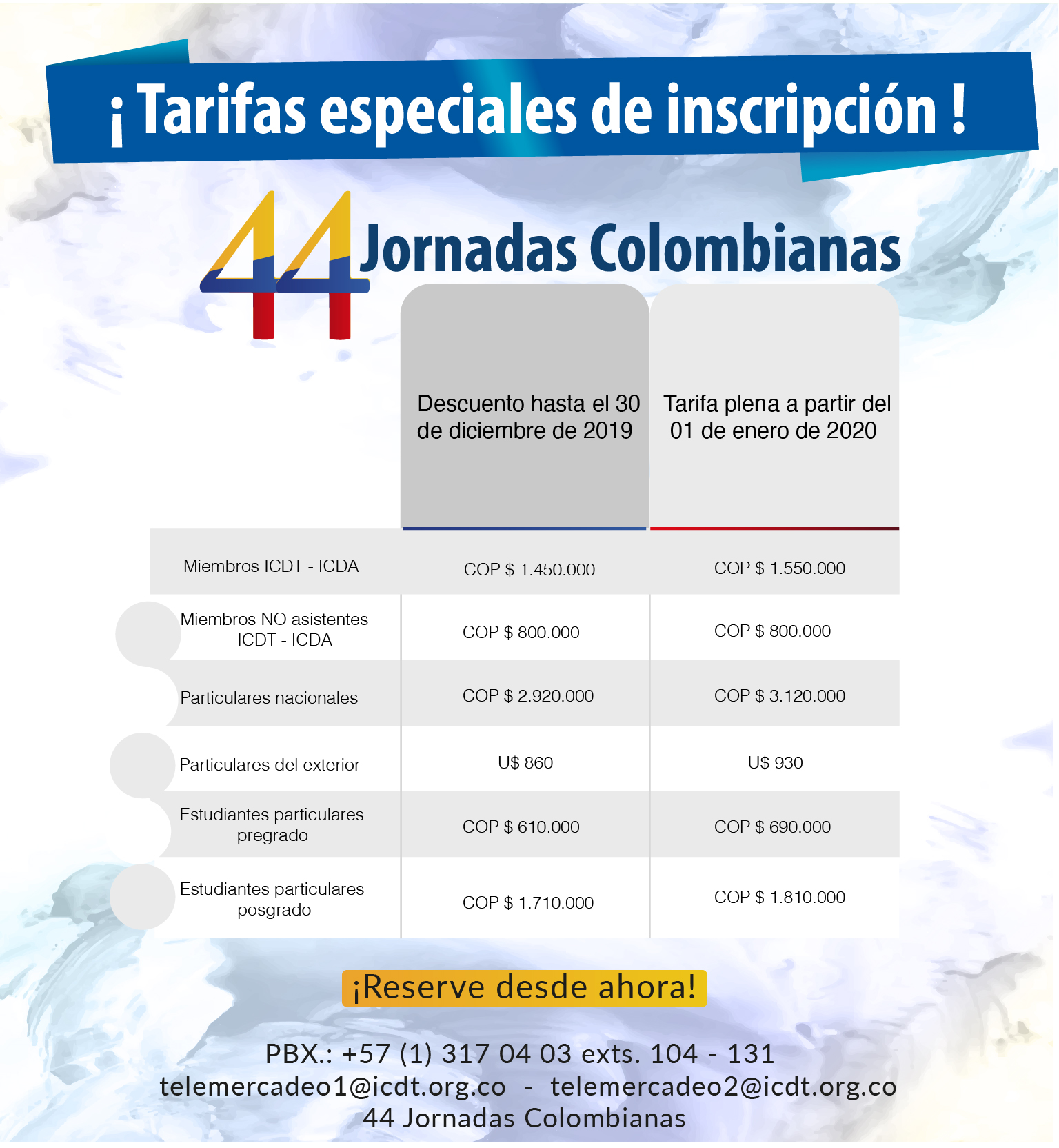 Tarifas especiales 44 Jornadas Colombianas